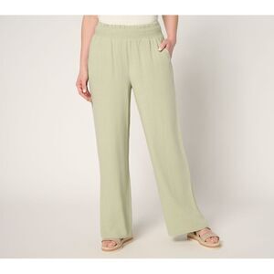 Fashion Women's Petite Pants PL Riviera Linen Smocked Waist Wide Green A691836